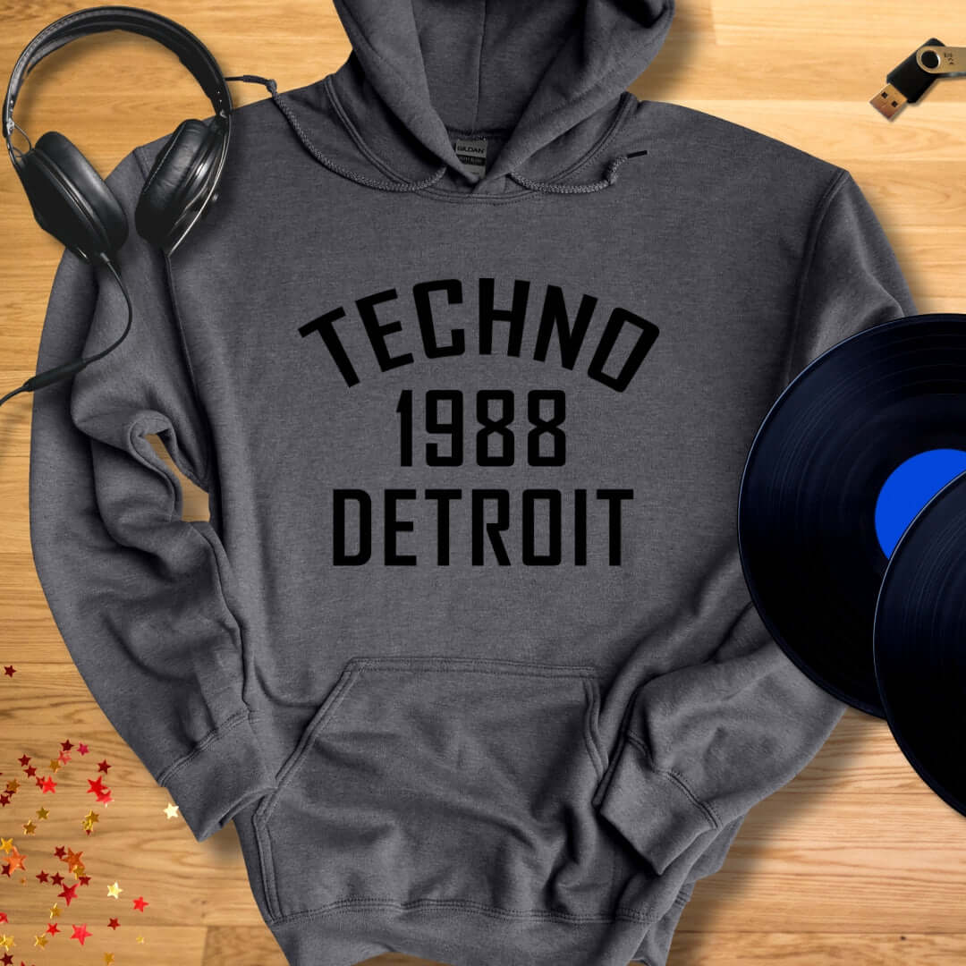 Unisex DJ Hoodie 'Detroit Techno 1988' design in dark heather, front view