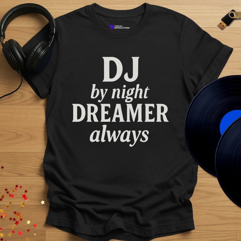 'DJ Dreamer', funny statement DJ T-shirt in black, front view