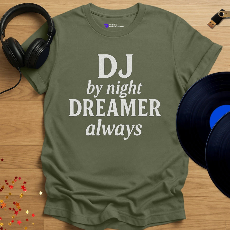 'DJ Dreamer', funny statement DJ T-shirt in military green, front view