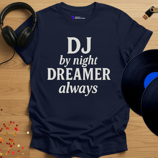 'DJ Dreamer', funny statement DJ T-shirt in navy, front view