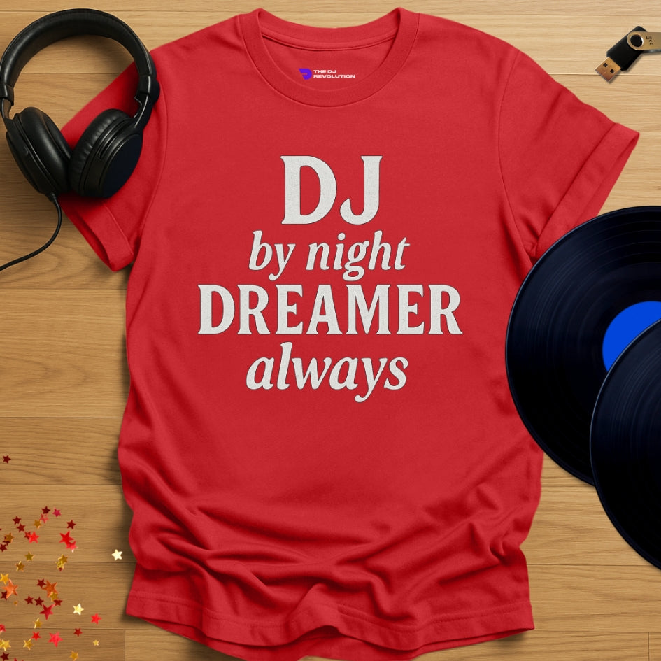 'DJ Dreamer', funny statement DJ T-shirt in red, front view