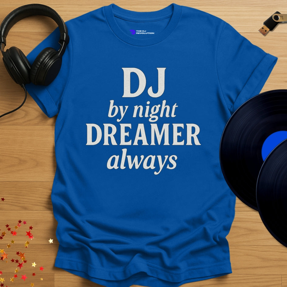 ‘DJ Dreamer', funny statement DJ T-shirt in royal blue, front view