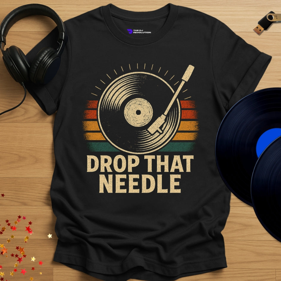 'Drop That Needle' - Vinyl DJ turntable T-shirt in black, front view