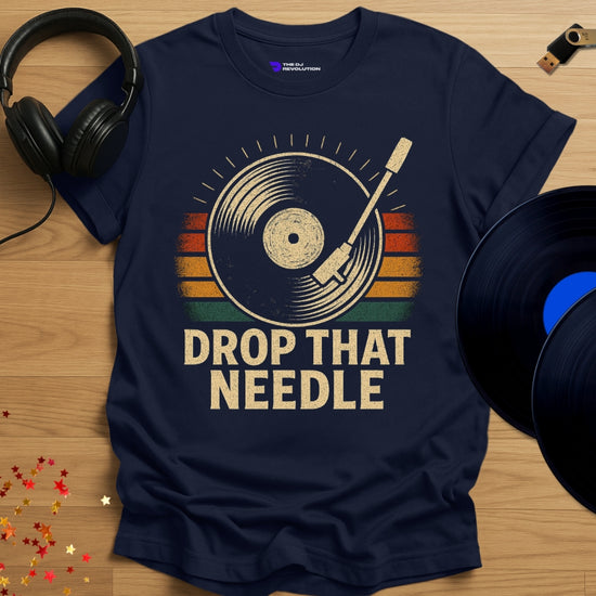 'Drop That Needle' - Vinyl DJ turntable T-shirt in navy, front view