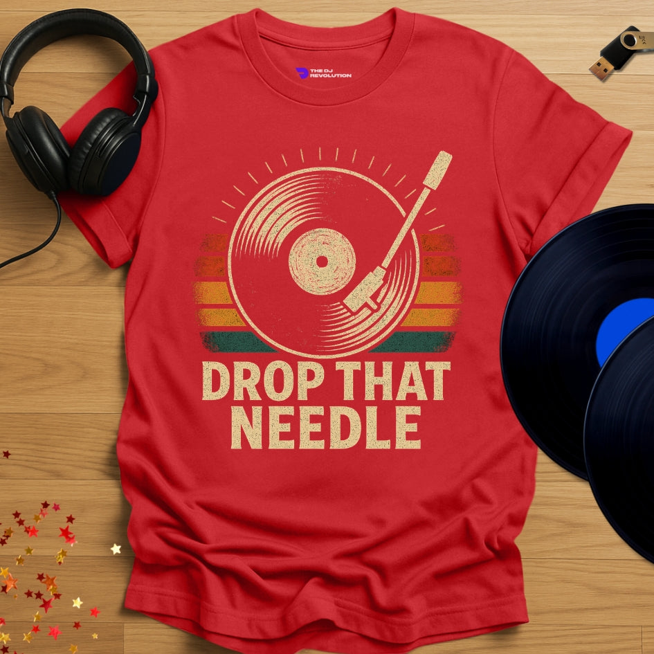 'Drop That Needle' - Vinyl DJ turntable T-shirt in red, front view