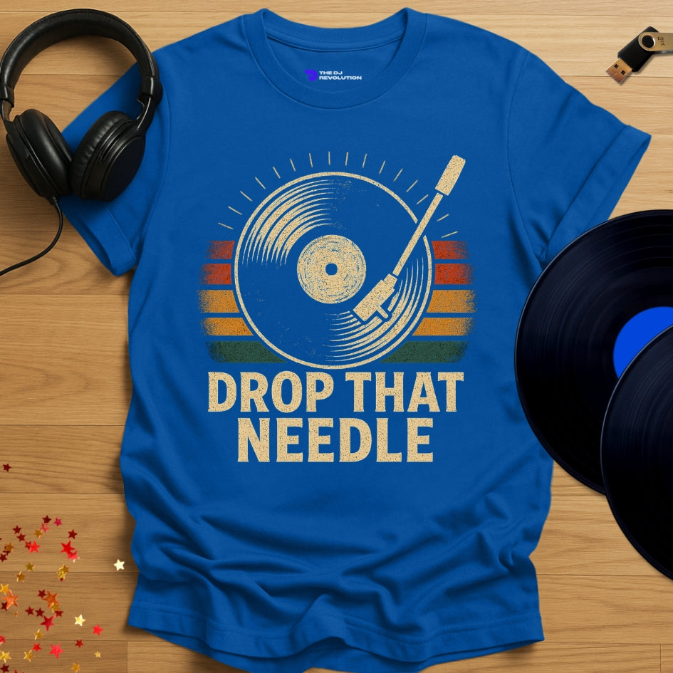 'Drop That Needle' - Vinyl DJ turntable T-shirt in royal blue, front view