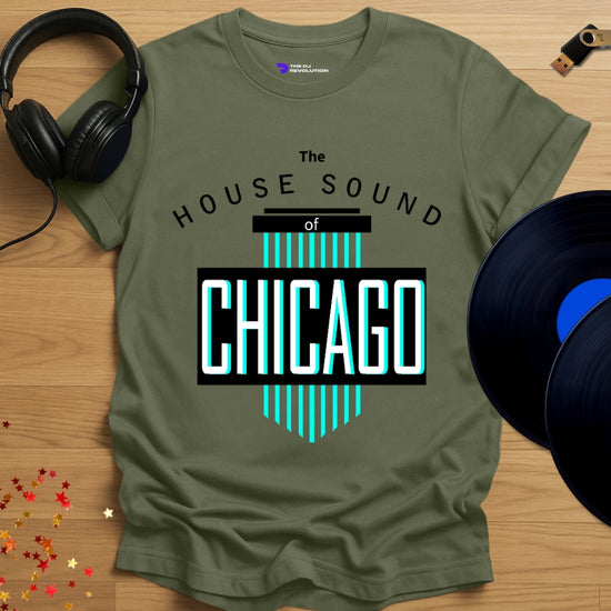 Unisex house music T-shirt, 'House Sound of Chicago' design in military green, front view