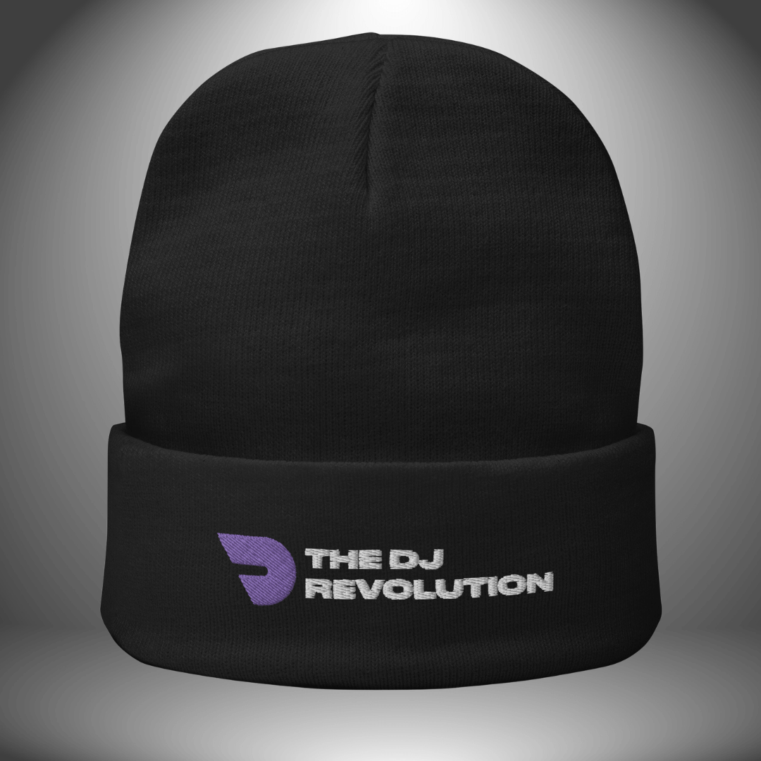 Embroidered knit beanie, The DJ Revolution design in black, front view