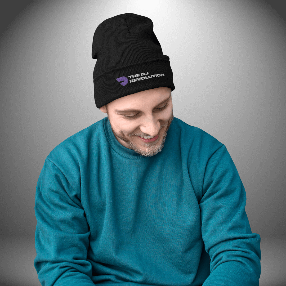 Embroidered knit beanie, The DJ Revolution design in black, front view