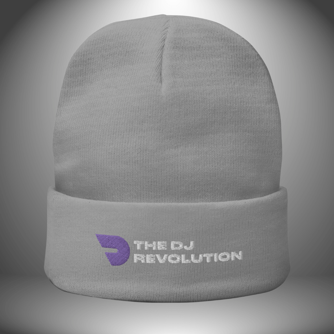 Embroidered knit beanie, The DJ Revolution design in grey, front view