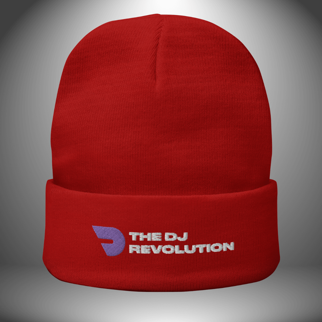 Embroidered knit beanie, The DJ Revolution design in red, front view