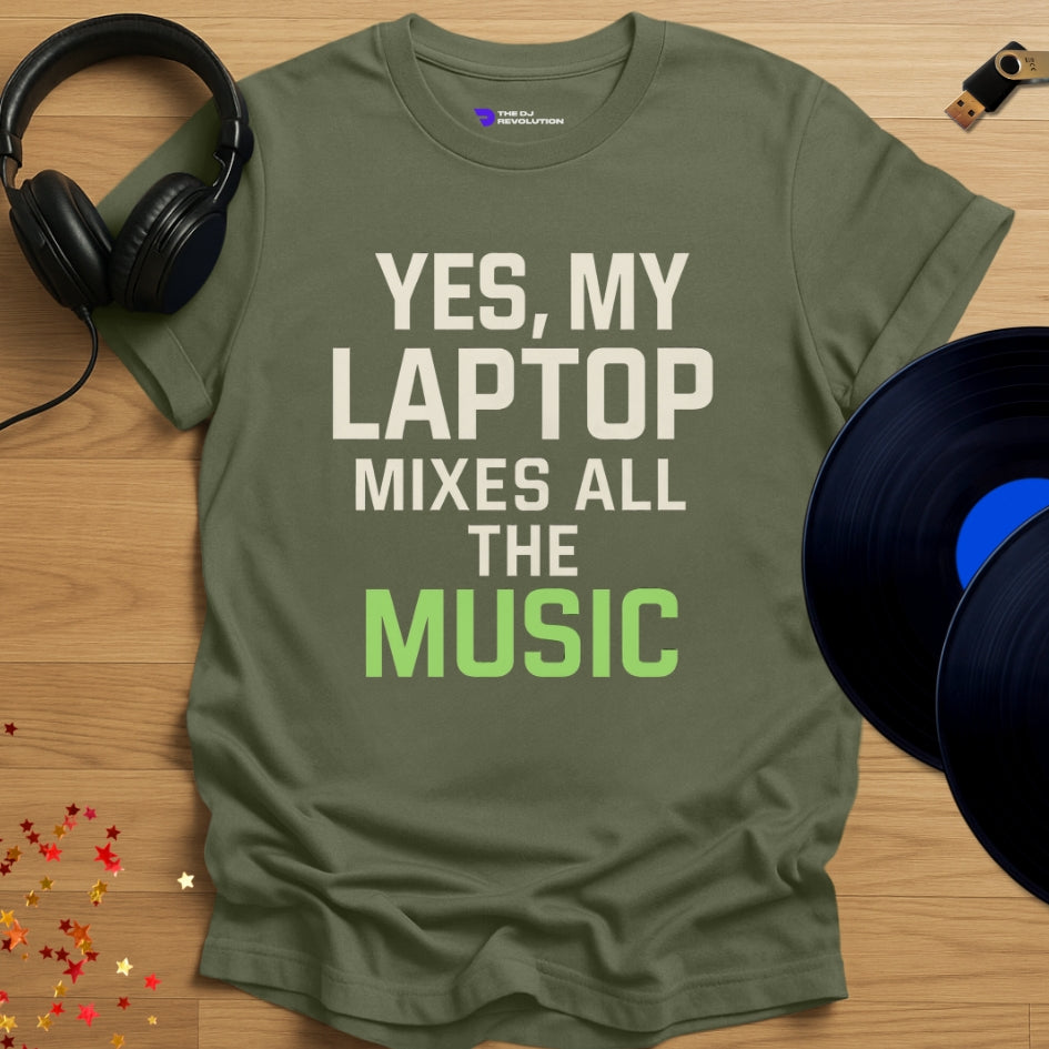 'Laptop DJ', funny DJ joke T-shirt in military green, front view