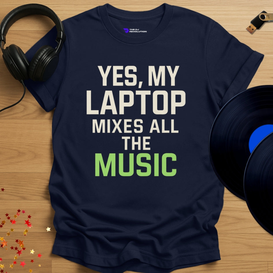 'Laptop DJ', funny DJ joke T-shirt in navy, front view