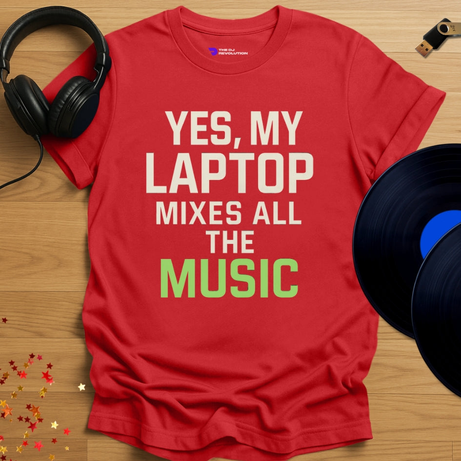 'Laptop DJ', funny DJ joke T-shirt in red, front view