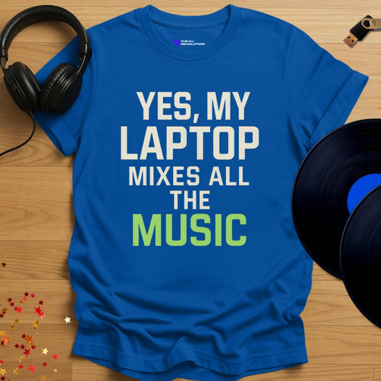 'Laptop DJ', funny DJ joke T-shirt in royal blue, front view