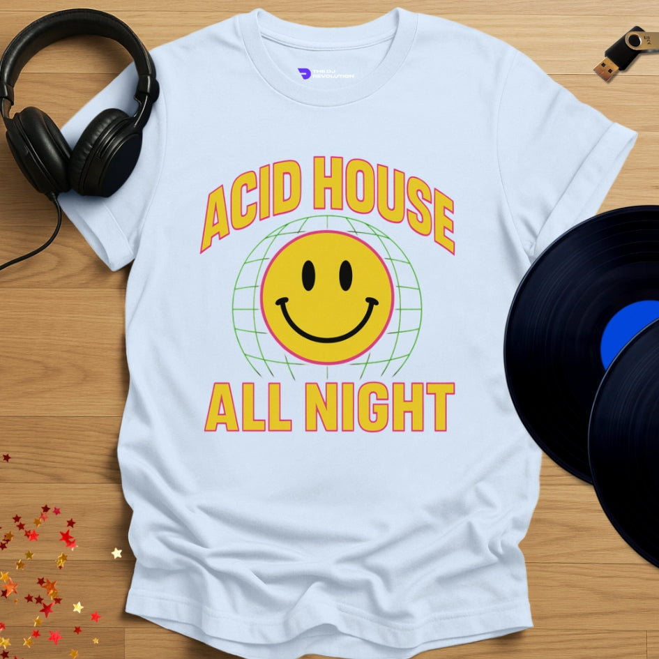 Acid House All Night house music T-shirt in light blue, front view