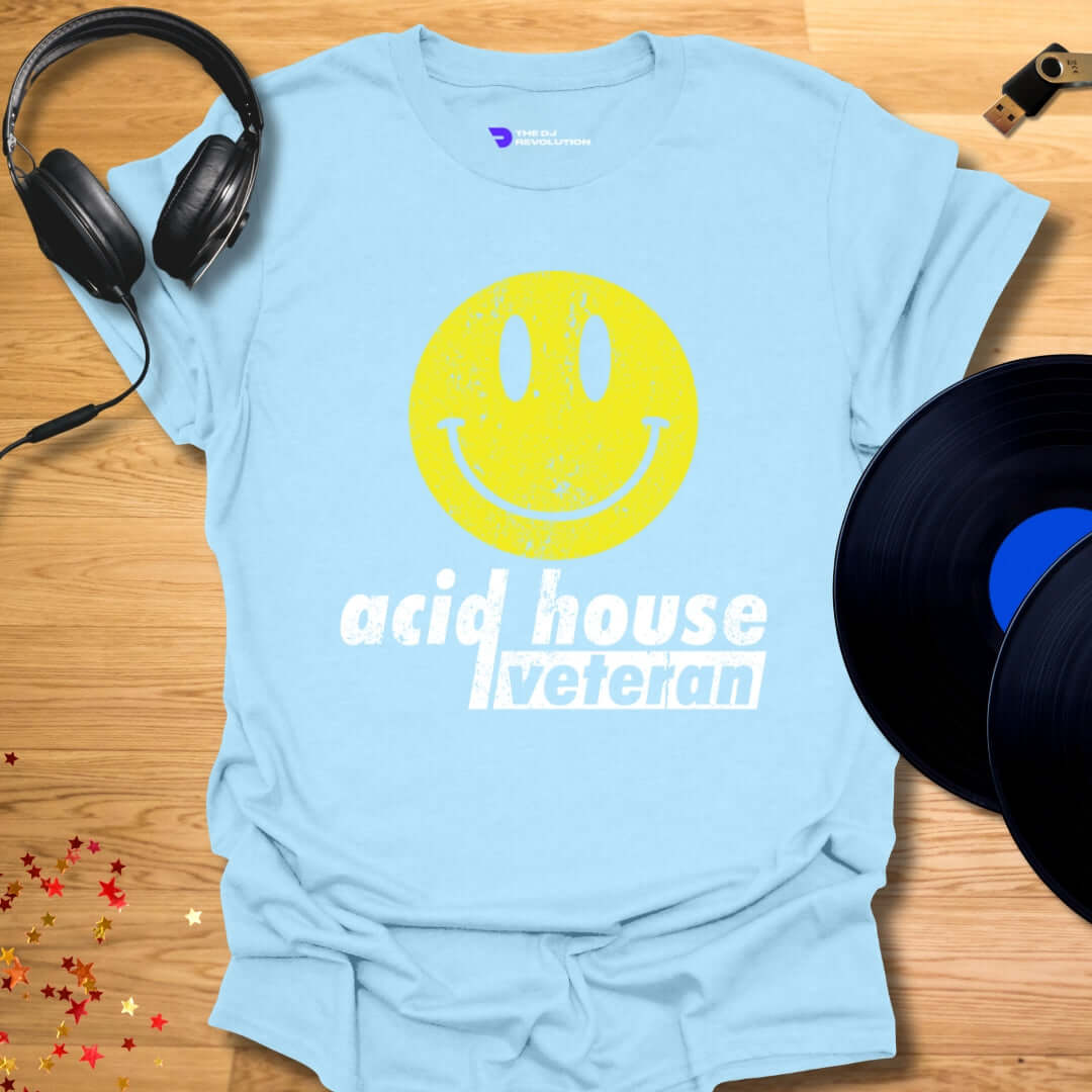 Unisex acid house T-shirt, 'Acid House Veteran' design in light blue, front view