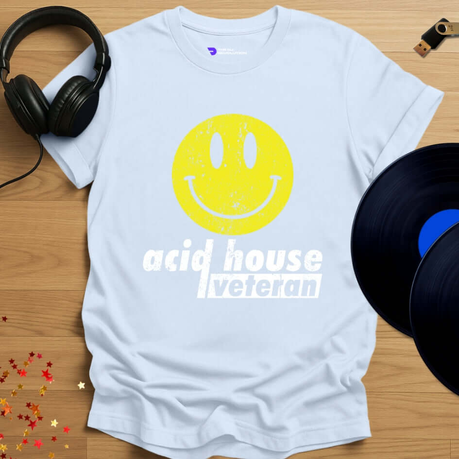 Unisex acid house T-shirt, 'Acid House Veteran' design in light blue, front view