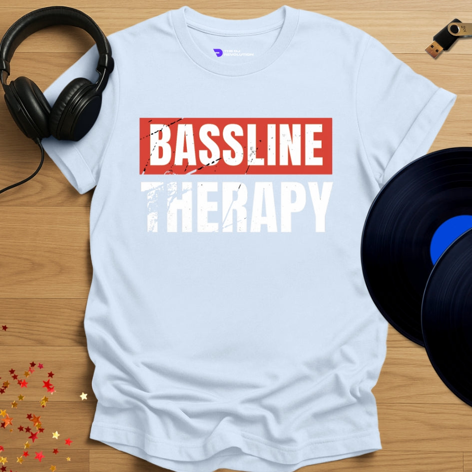 'Bassline Therapy' rave DJ T-shirt in light blue, front view