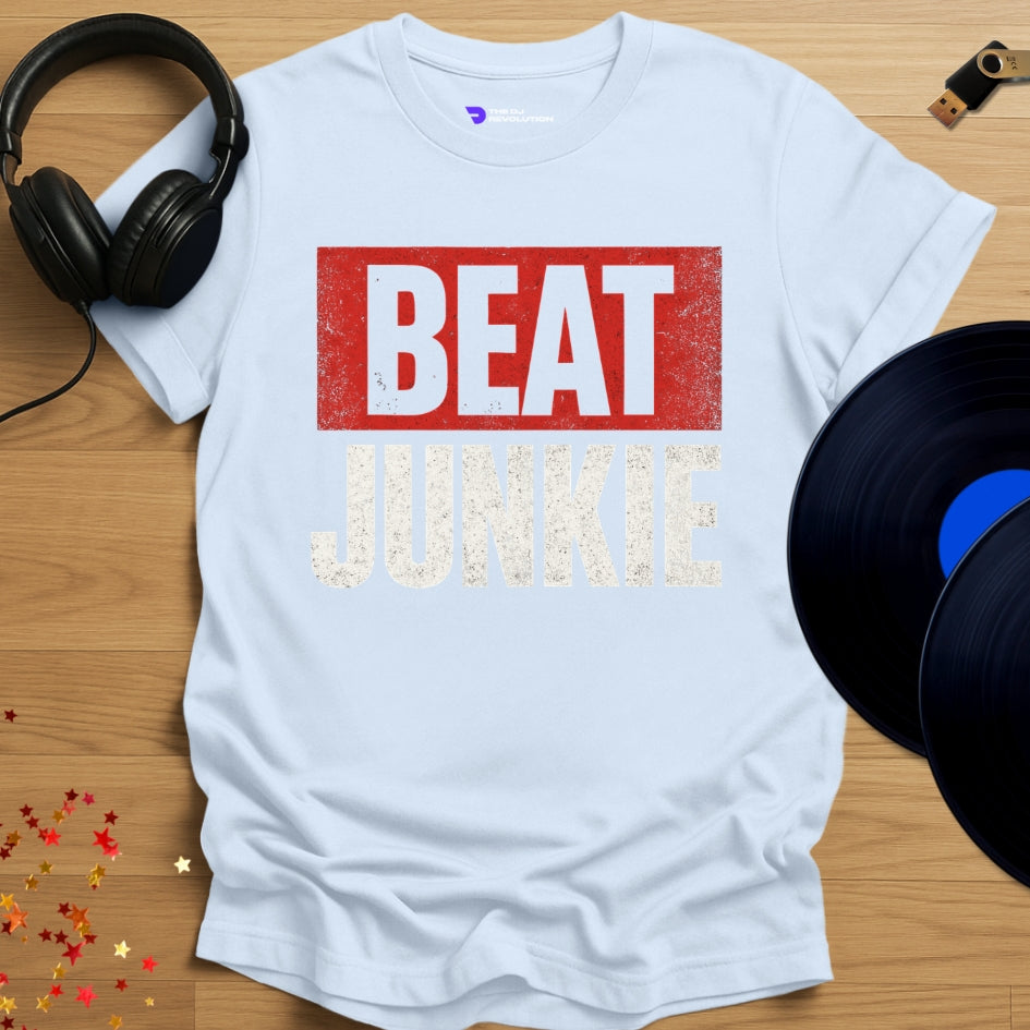 'Beat Junkie' DJ producer T-shirt in light blue, front view