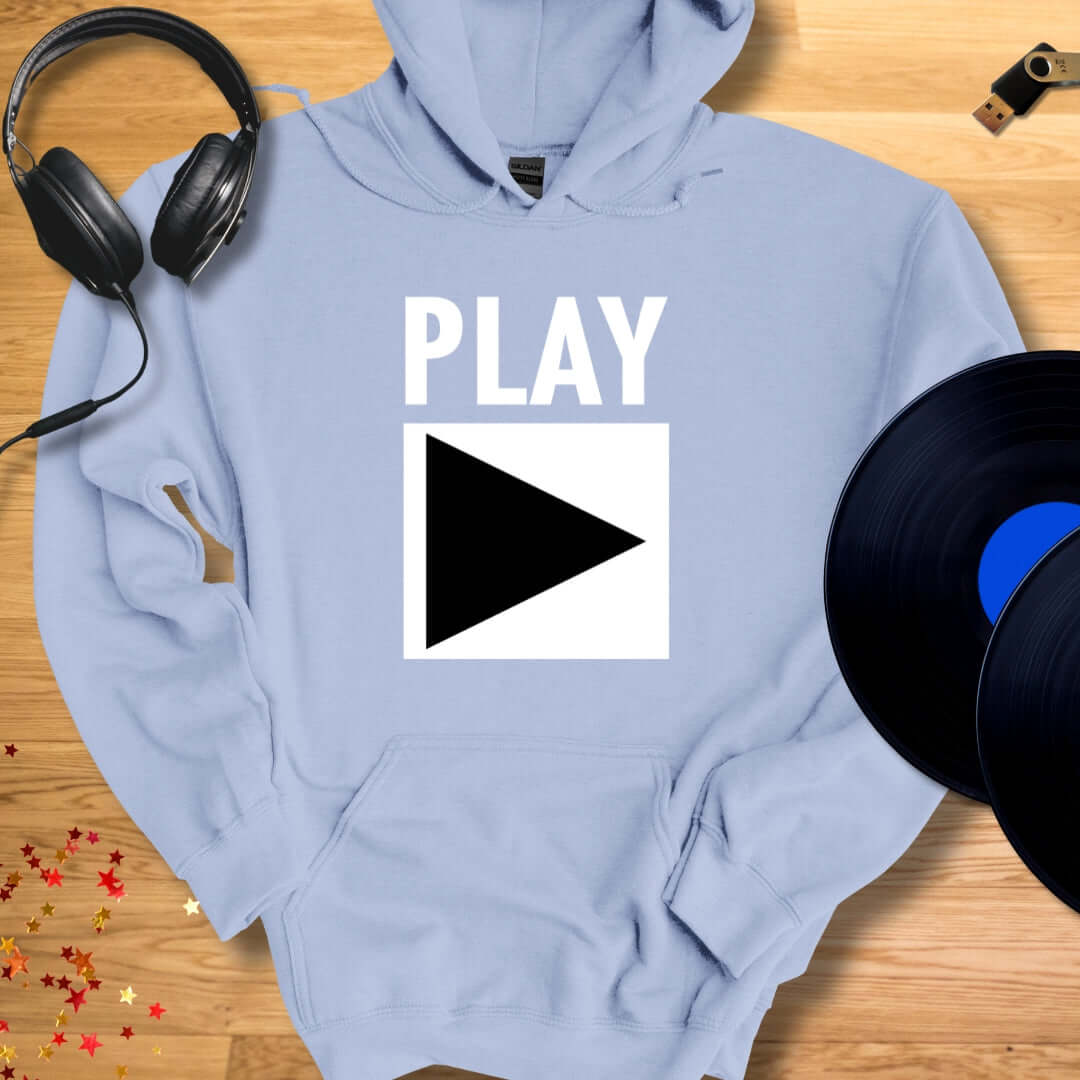 Unisex DJ Hoodie 'Play' design in light blue, front view