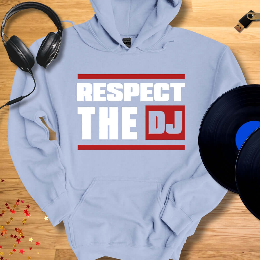 Unisex DJ Hoodie 'Respect The DJ' design in light blue, front view