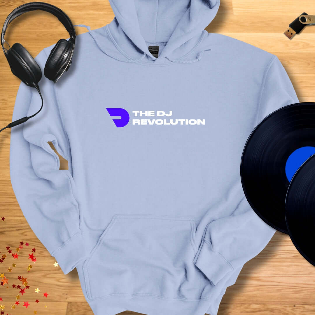 Unisex DJ Hoodie 'The DJ Revolution' design in light blue, front view