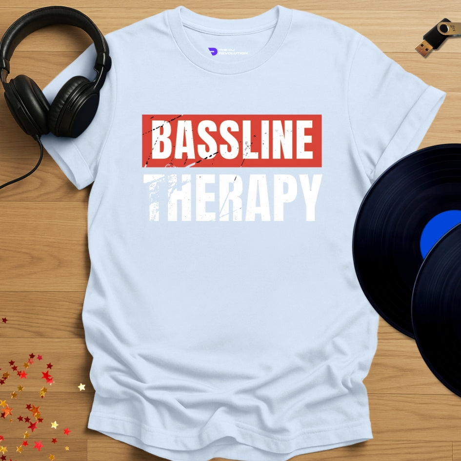 Rave DJ T-shirt, 'Bassline Therapy' design in light blue, front view