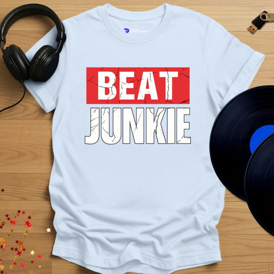 Rave DJ T-shirt, 'Beat Junkie' design in light blue, front view