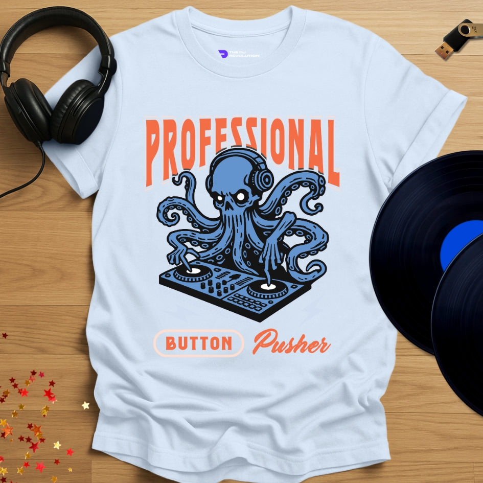 Funny DJ T-shirt, 'Button Pusher' design in light blue, front view