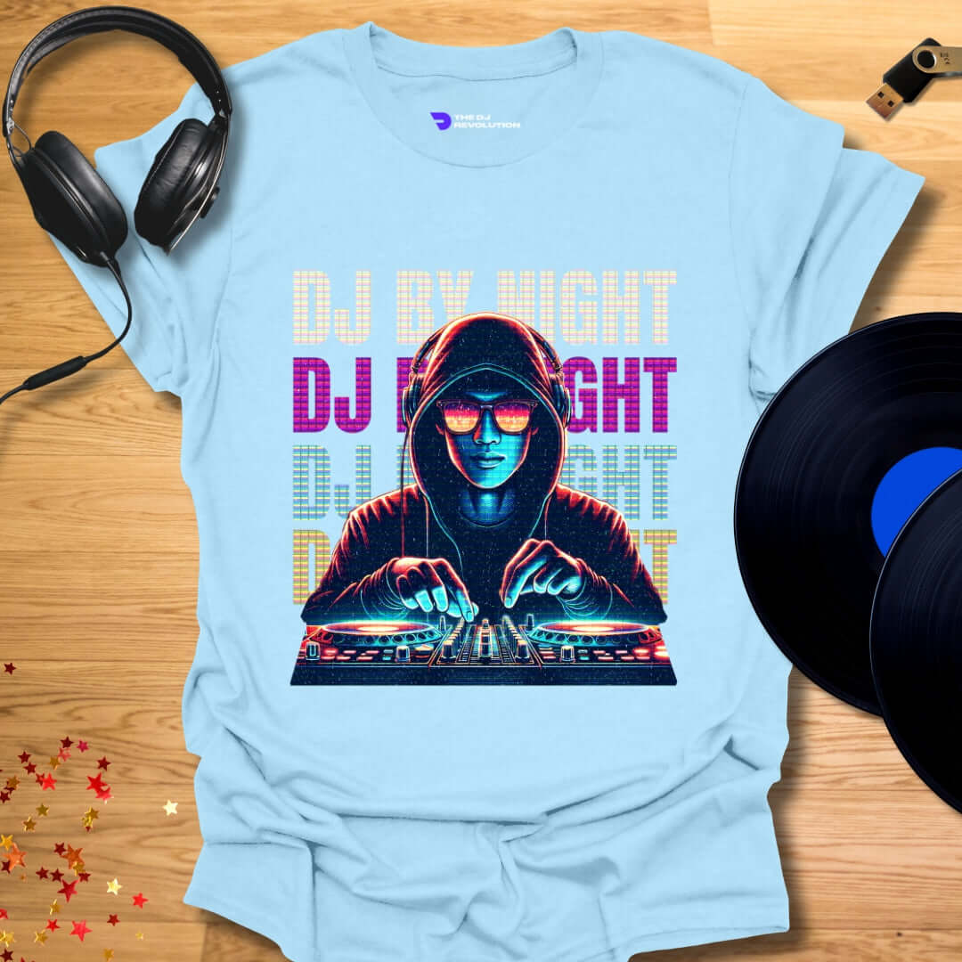 Unisex DJ T-shirt, 'DJ By Night' design in light blue, front view