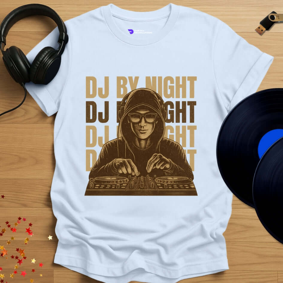 Unisex DJ T-shirt, 'DJ By Night' design in light blue, front view