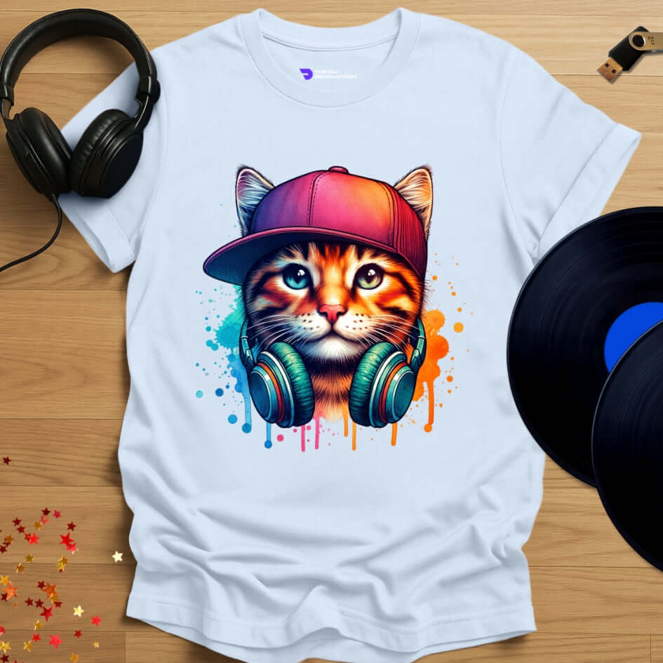 Cat DJ T-shirt, 'DJ Cool Cat' design in light blue, front view