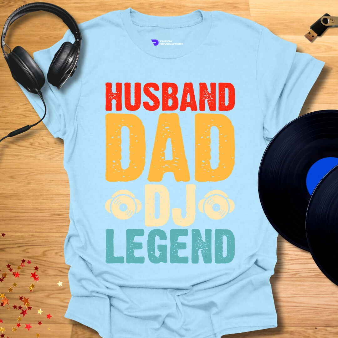 Funny DJ T-shirt, 'Husband DJ Legend' design in light blue, front view