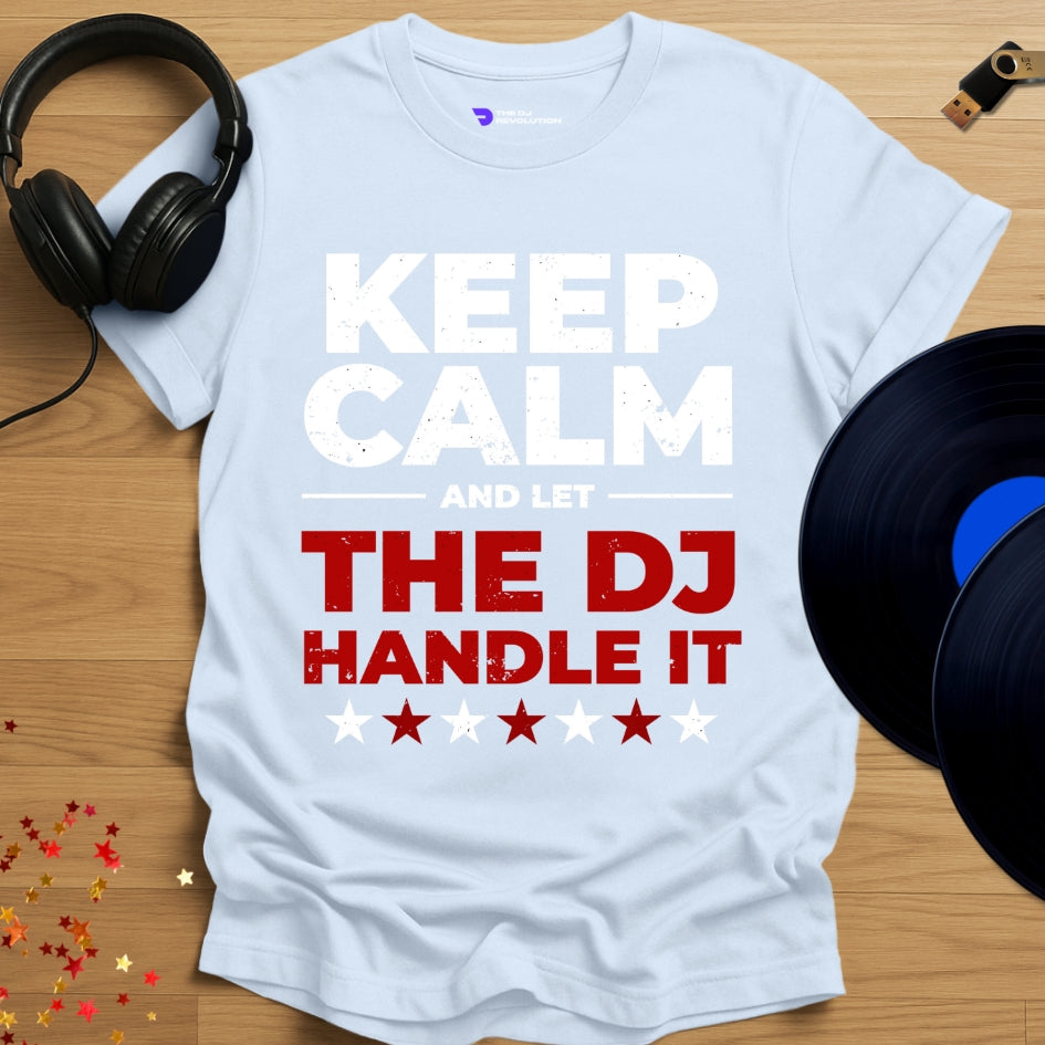 Funny DJ T-shirt, 'Let The DJ Handle It' design in light blue, front view