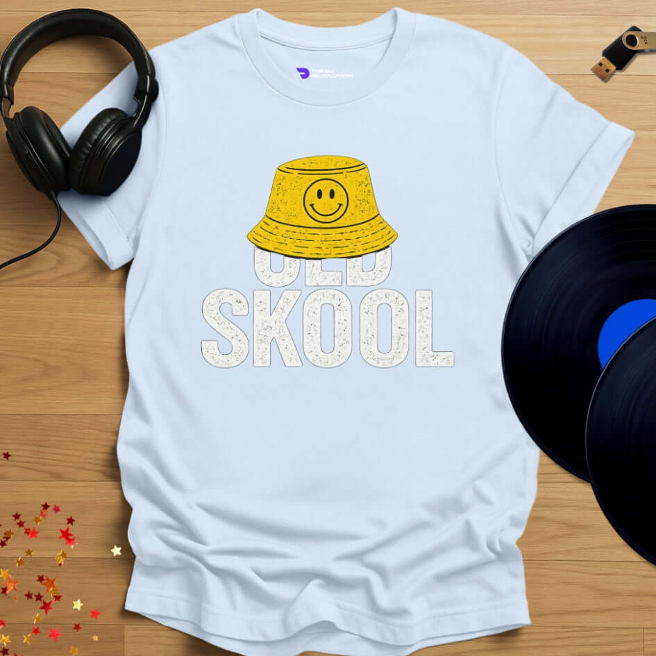 Rave DJ T-shirt, 'Old Skool Lover' design in light blue, front view