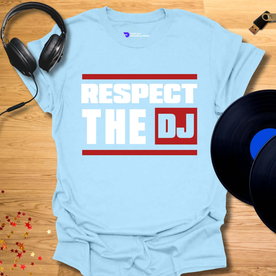 Unisex DJ T-shirt, 'Respect The DJ' design in light blue, front view