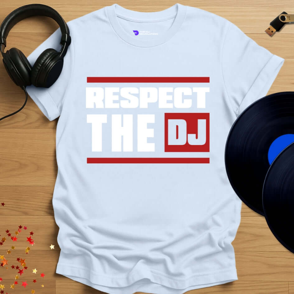 Unisex DJ T-shirt, 'Respect The DJ' design in light blue, front view