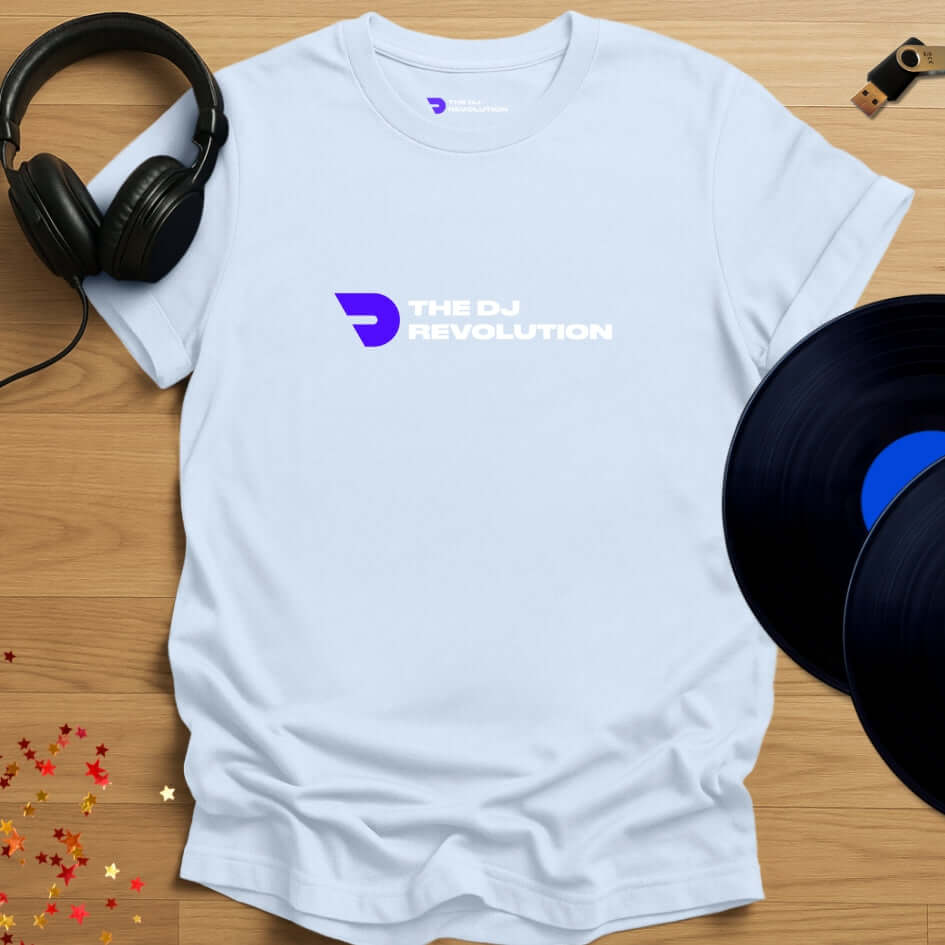 Unisex DJ T-shirt, 'The DJ Revolution' design in light blue, front view