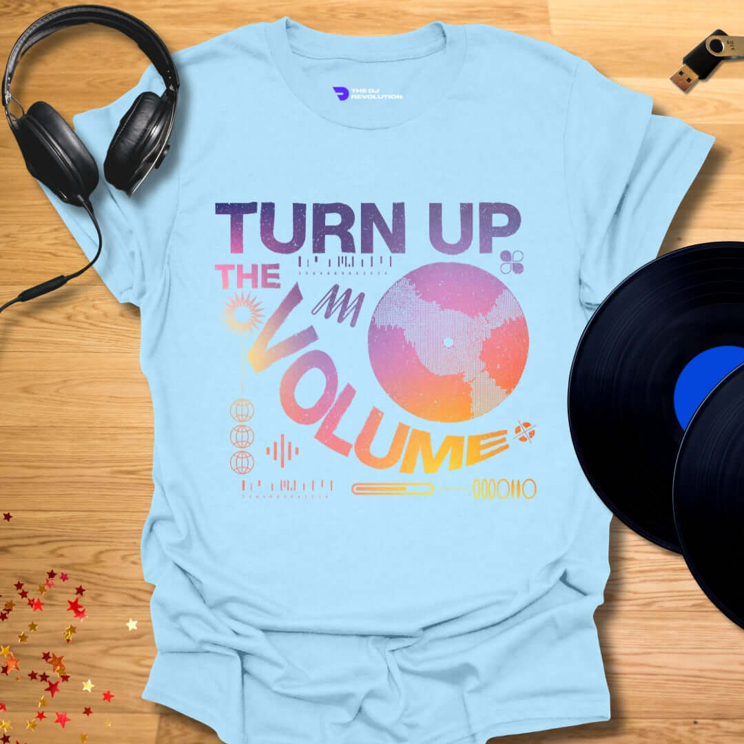 Unisex DJ T-shirt, 'Turn Up The Volume' design in light blue, front view