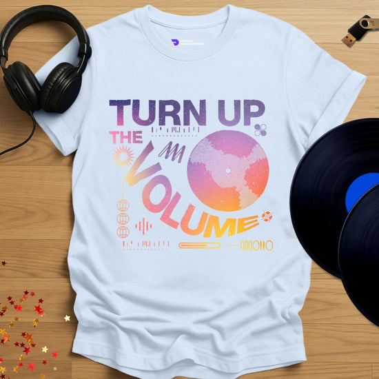 Unisex DJ T-shirt, 'Turn Up The Volume' design in light blue, front view