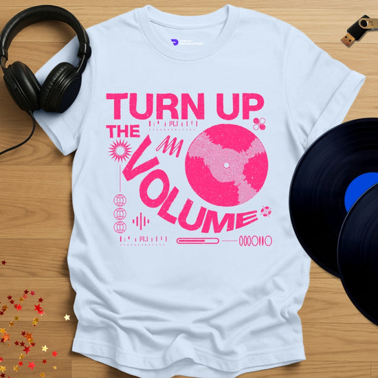 Unisex DJ T-shirt, 'Turn Up The Volume' design in light blue, front view