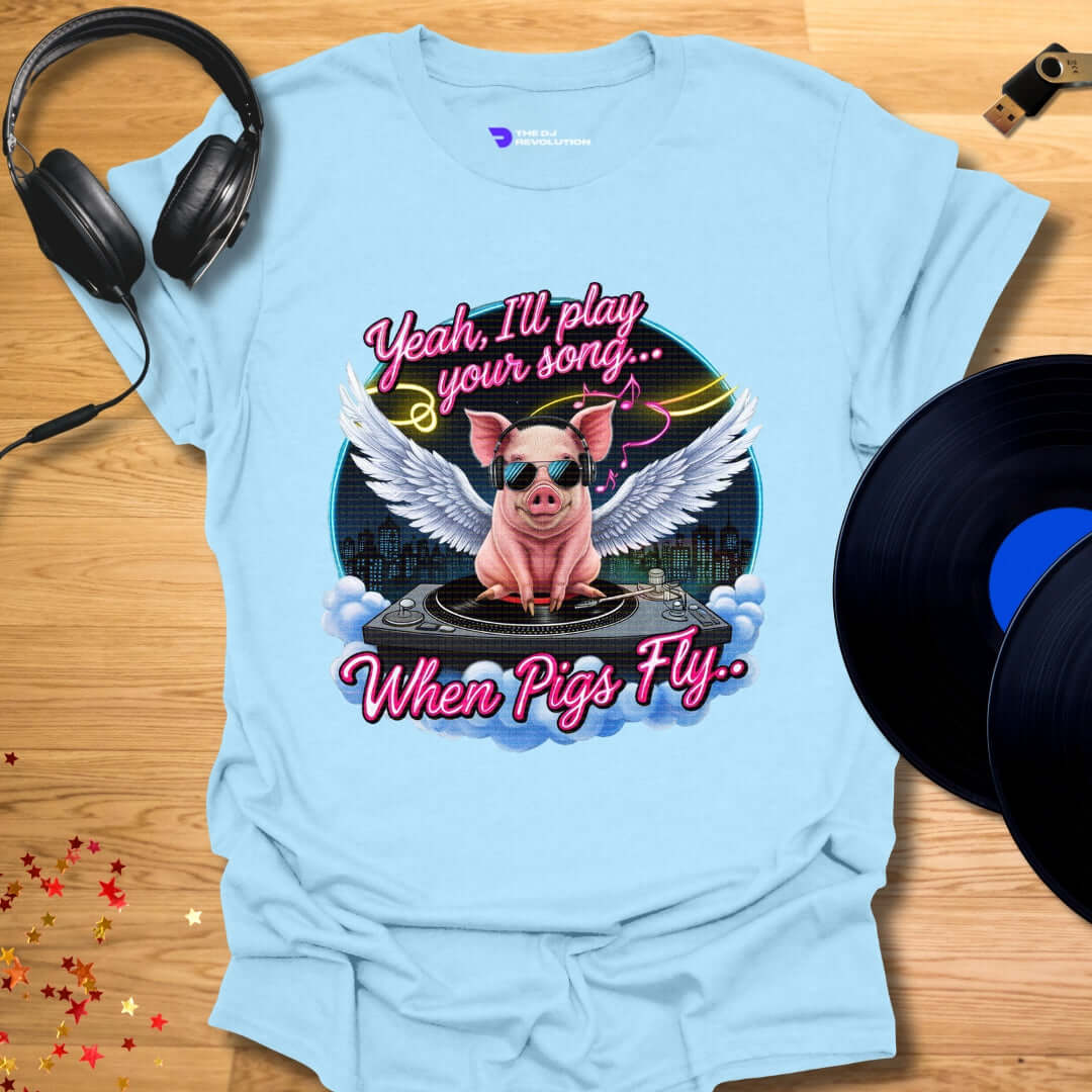 Funny DJ T-shirt, 'Pigs Fly' design in light blue, front view