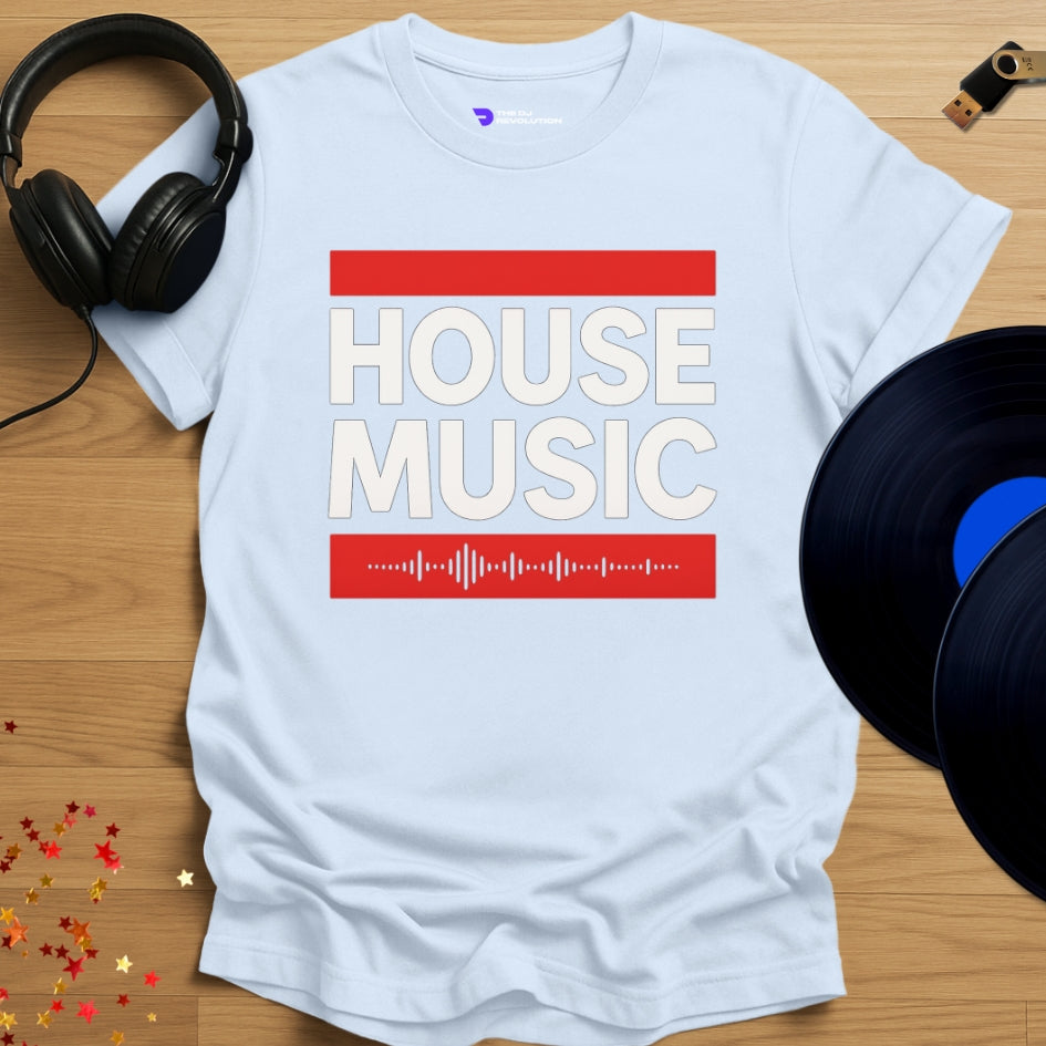 house music T-shirt, 'House Music' design in light blue, front view