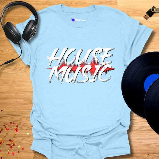 Unisex house music T-shirt, 'House Music' design in light blue, front view