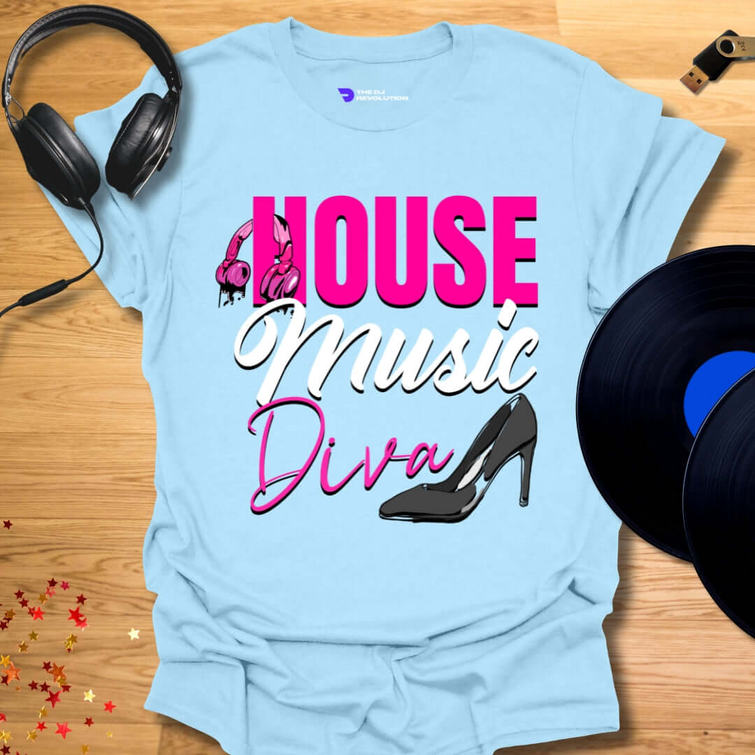 Unisex house music T-shirt, 'House Music Diva' design in light blue, front view