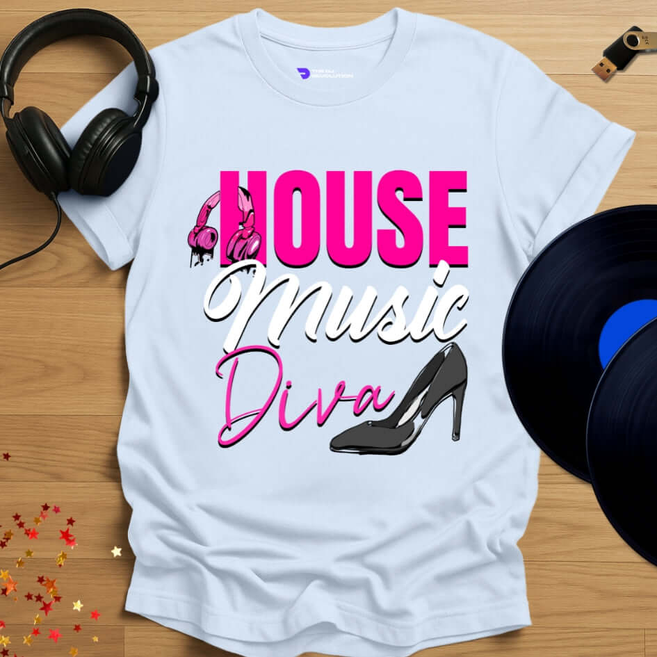 Unisex house music T-shirt, 'House Music Diva' design in light blue, front view