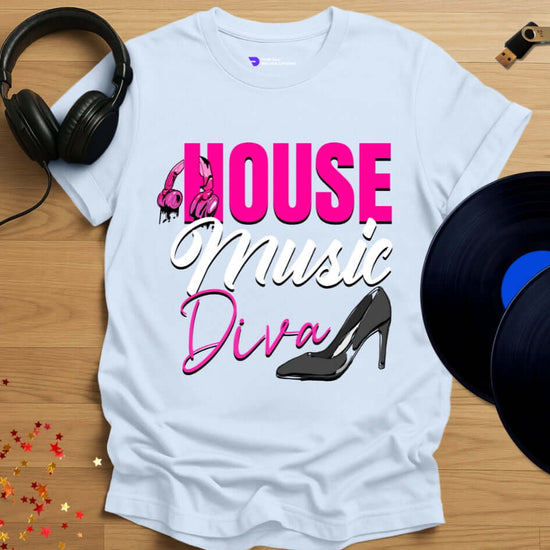 Unisex house music T-shirt, 'House Music Diva' design in light blue, front view