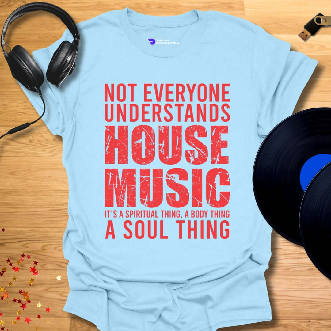 Unisex house music T-shirt, 'House Music Lover' design in light blue, front view