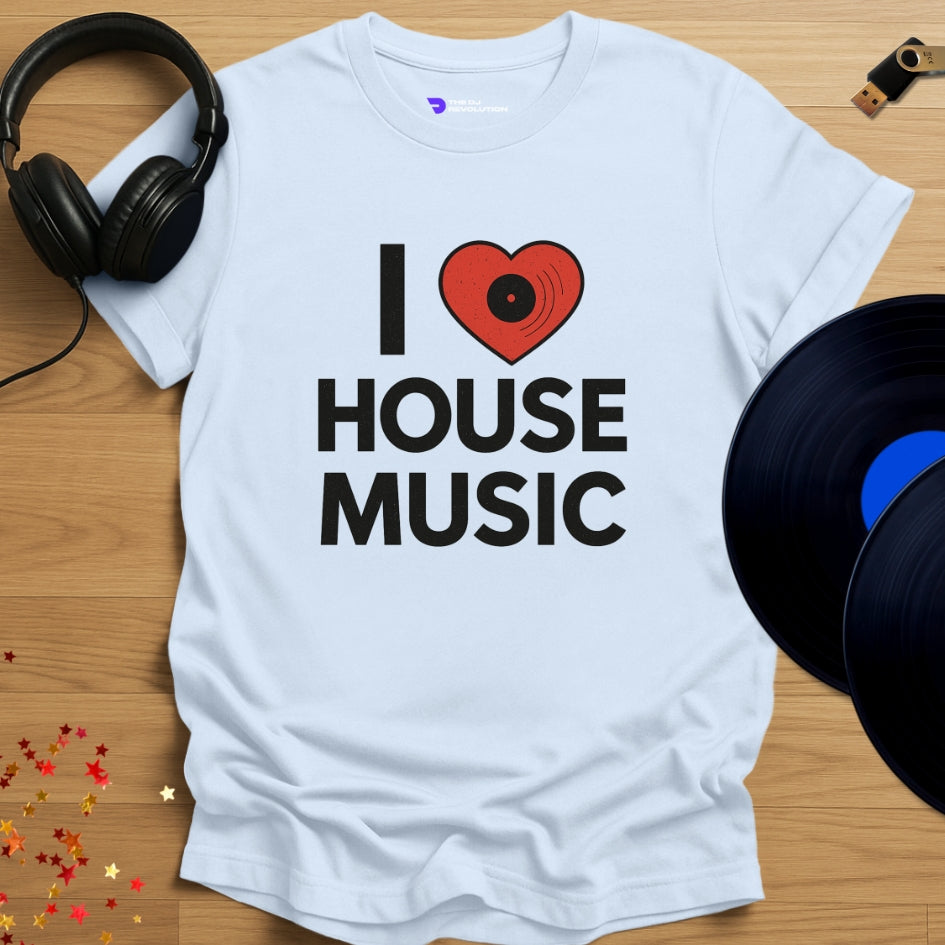 I Love House Music T-shirt in light blue, front view